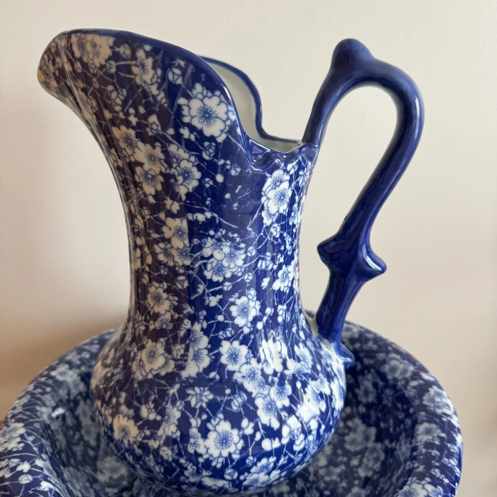 Antique Victoria Ware Ironstone Pitcher and Basin Blue Cobalt Floral Decor Bath - Picture 8 of 10